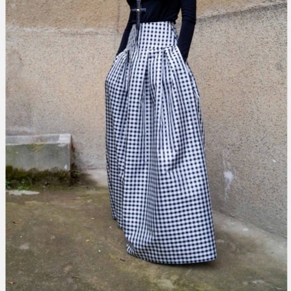 Gingham taffeta maxi skirt w/ pockets